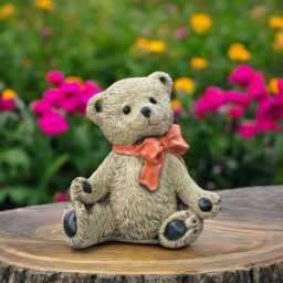 Concrete Teddy Bear Statue With Orange Bow Stone Plush Figurine Cute Garden Ornament Cement Animal Sculpture Outdoor Decor Gift Idea