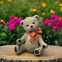 Concrete Teddy Bear Statue With Orange Bow Stone Plush Figurine Cute Garden Ornament Cement Animal Sculpture Outdoor Decor Gift Idea - thumbnail 3