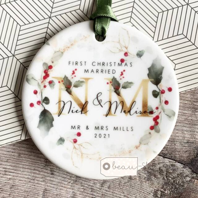 Personalised First Christmas Married Wedding Gift Mr Mrs Newlywed Holly Foliage Design Ceramic Or Acrylic Round Ornament Keepsake