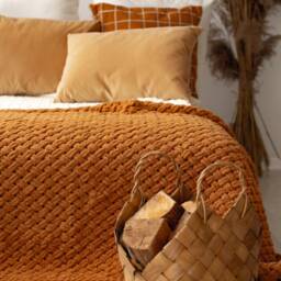 Chunky Knit Blanket, Mustard Brown Puffy Throw, Handmade Micro Polyester - thumbnail 2