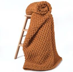 Chunky Knit Blanket, Mustard Brown Puffy Throw, Handmade Micro Polyester - thumbnail 1