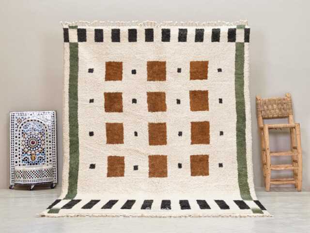 Custom Beni Ourain Rug - Handwoven Wool Berber Carpet, White Rust Geometric Shag - image 1