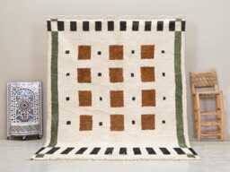 Custom Beni Ourain Rug - Handwoven Wool Berber Carpet, White Rust Geometric Shag - thumbnail 1