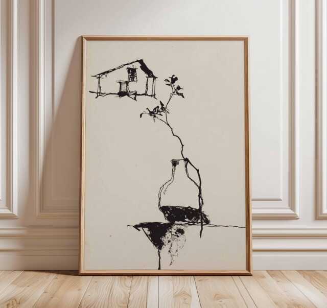 Minimalist Black Ink Wall Art Print, Abstract Line Drawing Poster, Modern Japanese Style Artwork, Simple Monochrome Home Decor - image 1