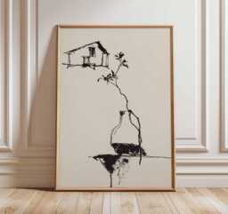 Minimalist Black Ink Wall Art Print, Abstract Line Drawing Poster, Modern Japanese Style Artwork, Simple Monochrome Home Decor - thumbnail 1
