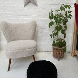 Black Sheepskin Pouffe, Shearling Footstool, Black Boucle Sheepskin, Footstool, Genuine Sheepski - thumbnail 3