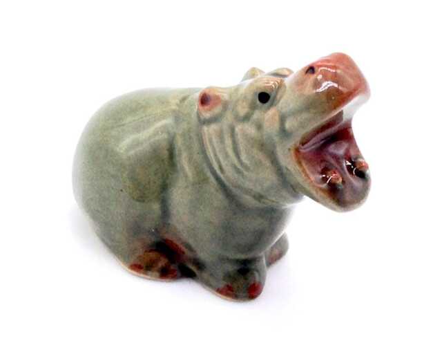 Miniature Ceramic Hippo Hippopotamus Animal Little Grey Brown Figurine Small Statue Tiny Decoration Hand Painted Collectible Figure - image 1