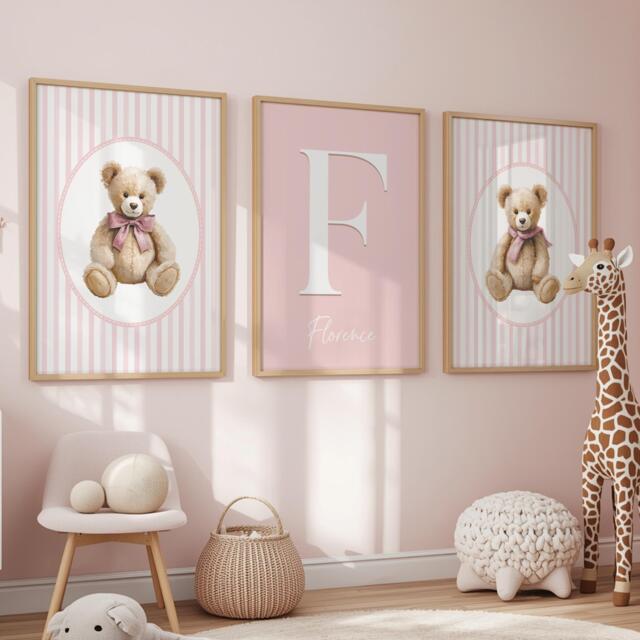 Teddy Bear Girls Nursery Prints, Pink Set Of 3 Decor - image 1