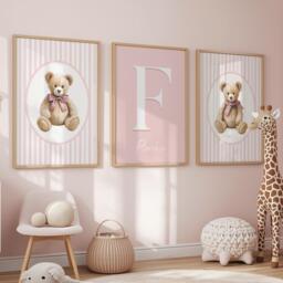 Teddy Bear Girls Nursery Prints, Pink Set Of 3 Decor - thumbnail 1