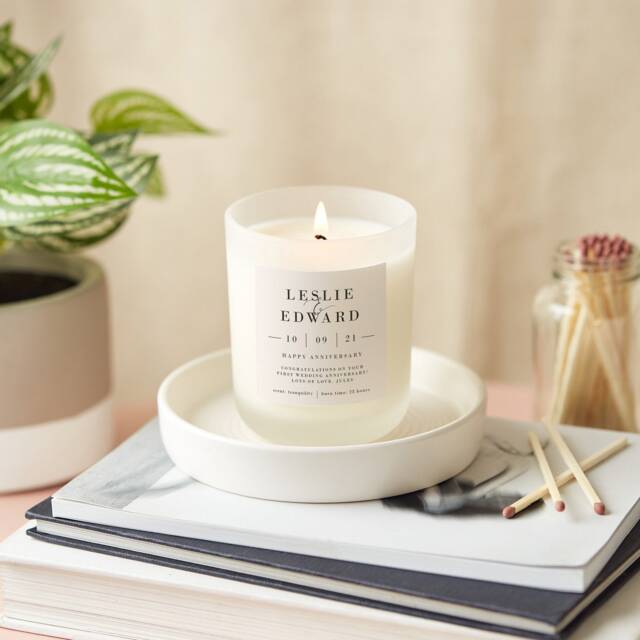 Personalised 1st Anniversary Frosted Candle Soy Wax, Paper Label - image 1