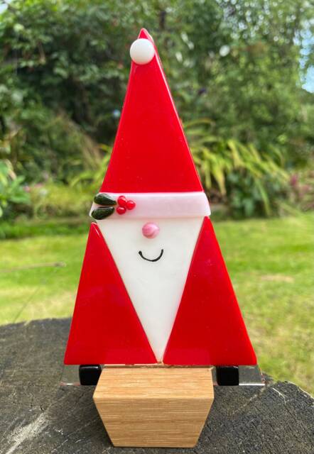 Fused Glass Santa Ornament Handmade Father Christmas in Oak Block - image 1