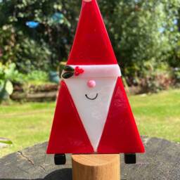 Fused Glass Santa Ornament Handmade Father Christmas in Oak Block - thumbnail 3