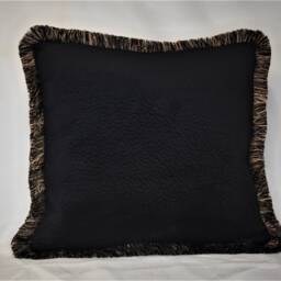 Black Textured Solid Velvet Decorative Throw Pillow With Fringe - thumbnail 2
