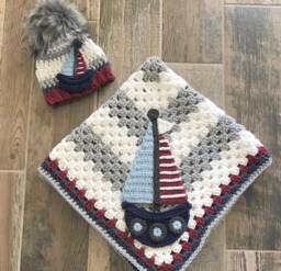 Crocheted Sailboat Nautical Baby Blanket - thumbnail 1