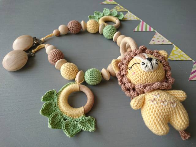 Crochet Lion Stroller Chain, Wooden Beads, Natural Baby Toy - image 1