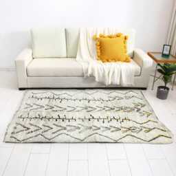 Cream Wool Moroccan Rug - Tribal Geometric Boho Area Carpet With Yellow Accents - thumbnail 4