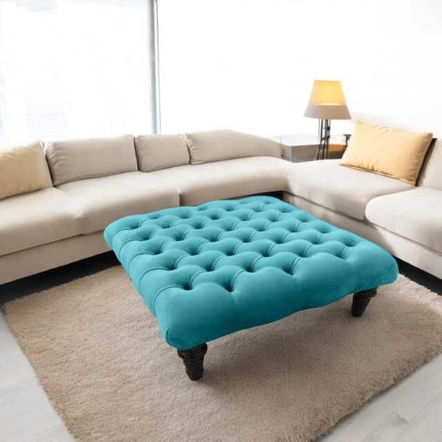 Chesterfield Velvet Footstool - Diamond Tufted Ottoman, Black Wood Legs 90x90x27cm - image 1