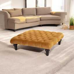 Chesterfield Velvet Footstool - Diamond Tufted Ottoman, Black Wood Legs 90x90x27cm - thumbnail 2
