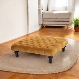 Chesterfield Velvet Footstool - Diamond Tufted Ottoman, Black Wood Legs 90x90x27cm - thumbnail 3