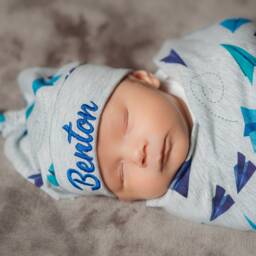 Blue Airplane Design Swaddle Set With Personalized Hat For Baby Boys First Pictures - thumbnail 2