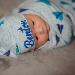 Blue Airplane Design Swaddle Set With Personalized Hat For Baby Boys First Pictures - thumbnail 3