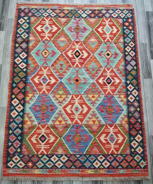 Heritage Kilim Rug, Handmade Artisan Afghan Turkish, Scandinavian, Navajo, Bohemian Flatweave, Natural Wool Multicolour Rug 193x145 cm - image 1