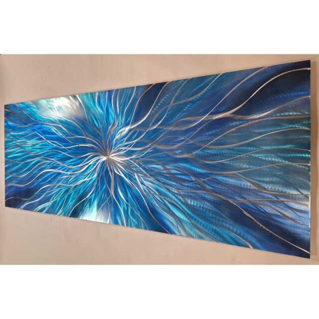Modern, Abstract, Contemporary Metal Wall Art, Sculpture, 3D Effect, By R Toomer Art. Titled Nova. Blue, Teal, Navy, & Silver - image 1
