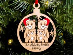 Same Sex Bear Family Christmas Tree Decoration, Personalised Oak Engraved Xmas Bauble, Stocking Stuffer, Gay Cute Dad Men's Kids Of 4