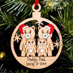 Same Sex Bear Family Christmas Tree Decoration, Personalised Oak Engraved Xmas Bauble, Stocking Stuffer, Gay Cute Dad Men's Kids Of 4 - thumbnail 2