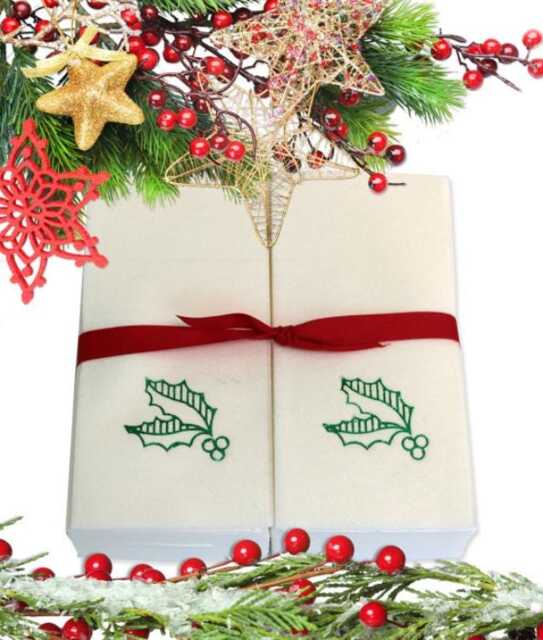 Embossed Holly Linen Guest Towels Christmas Holiday Decor - image 1