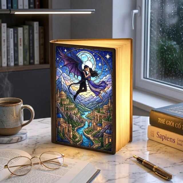 Acotar Book Lamp, Rhysand & Feyre Velaris Stained Glass Light, Sarah J Maas Bookish Night Court City Of Starlight Booklight - image 1