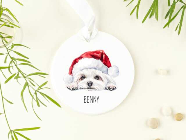 Personalised Maltese Dog Ceramic Christmas Tree Ornament, Custom Decoration Hanging On White Ribbon With Your Dogs Name On - image 1