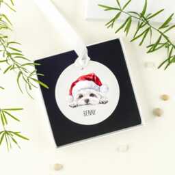 Personalised Maltese Dog Ceramic Christmas Tree Ornament, Custom Decoration Hanging On White Ribbon With Your Dogs Name On - thumbnail 2