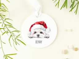 Personalised Maltese Dog Ceramic Christmas Tree Ornament, Custom Decoration Hanging On White Ribbon With Your Dogs Name On - thumbnail 1