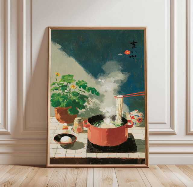 Japanese Ramen Noodle Art Print, Steamy Kitchen Wall Art, Retro Food Poster, Cozy Asian Cooking Illustration, Bowl Decor - image 1