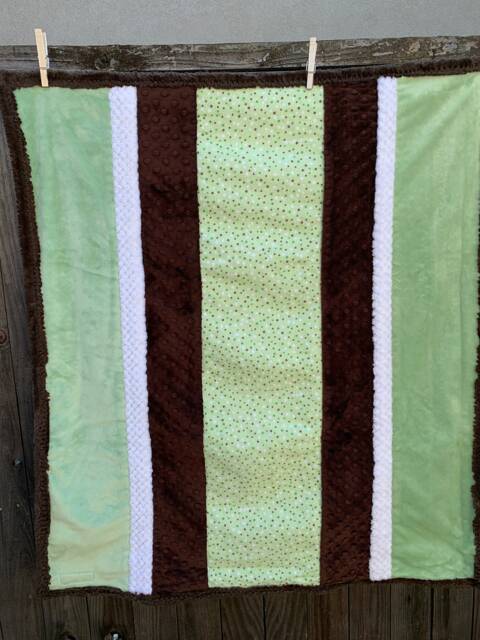 Handmade Modern Baby Minky Blanket Green, White & Brown Polka Dot - image 1