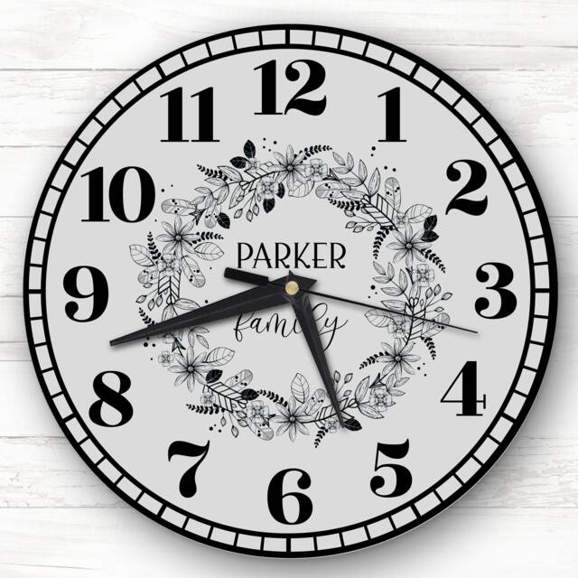 Grey Black Floral Wreath Family Name Personalised Gift Clock - image 1