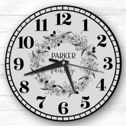 Grey Black Floral Wreath Family Name Personalised Gift Clock