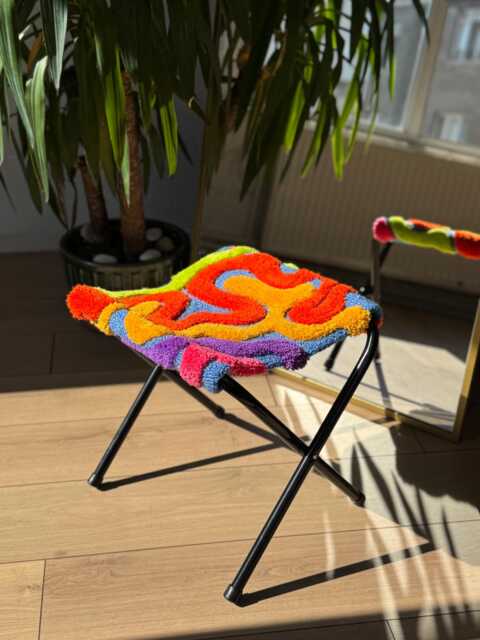 Wavy Colorful Tufted Stool - Handmade 3D Fluffy Furniture Funky Soft Seating Accent Sculptural Fiber Art - image 1