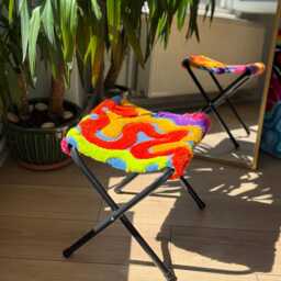 Wavy Colorful Tufted Stool - Handmade 3D Fluffy Furniture Funky Soft Seating Accent Sculptural Fiber Art - thumbnail 3