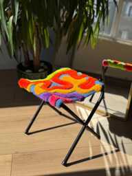 Wavy Colorful Tufted Stool - Handmade 3D Fluffy Furniture Funky Soft Seating Accent Sculptural Fiber Art - thumbnail 1