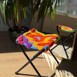 Wavy Colorful Tufted Stool - Handmade 3D Fluffy Furniture Funky Soft Seating Accent Sculptural Fiber Art - thumbnail 2