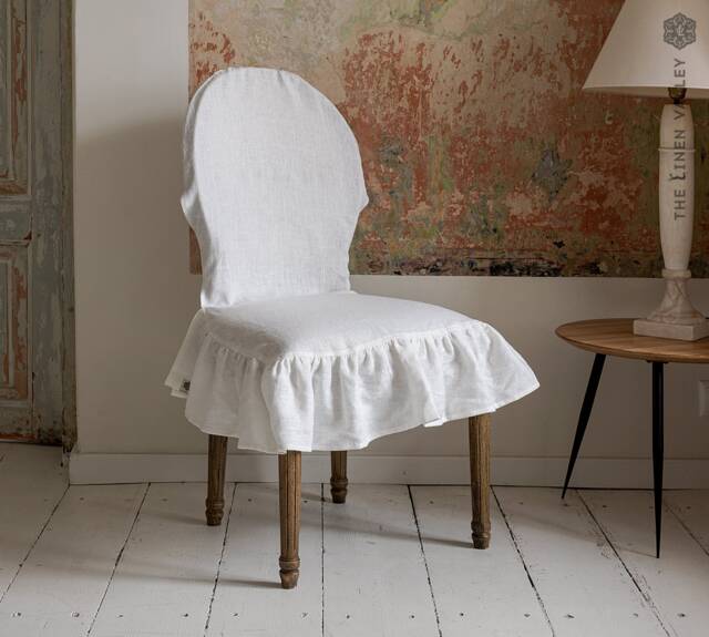 Linen Chair Slip Cover With Ruffle -French Brasserie Oval Chair Natural Linen Seat Cushion - Romantic- Protection - image 1