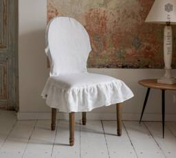 Linen Chair Slip Cover With Ruffle -French Brasserie Oval Chair Natural Linen Seat Cushion - Romantic- Protection - thumbnail 1