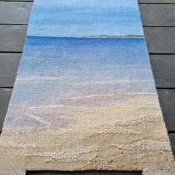 Handwoven Sea Tapestry, Summer Beach, Linen & Wool Wall Hanging, Textured Fibre Art - thumbnail 2