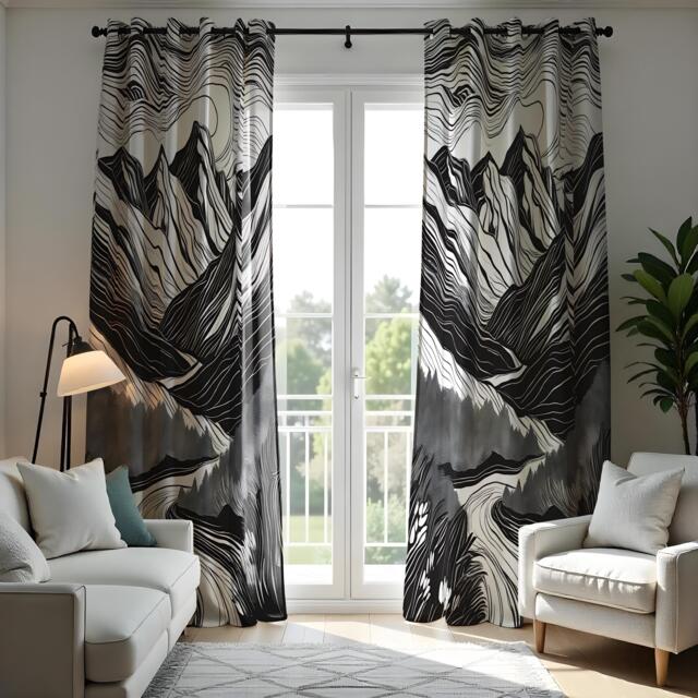Black & White Mountain Landscape Curtain, Abstract Nature Design Drape, Modern Window Treatment, Custom Size Available, Made To Order - image 1