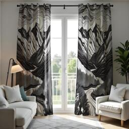 Black & White Mountain Landscape Curtain, Abstract Nature Design Drape, Modern Window Treatment, Custom Size Available, Made To Order