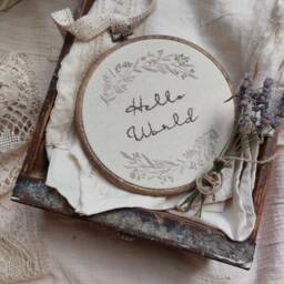 Hello World Embroidery Hoop, Natural Linen Nursery Wall Decor, Baby Shower Gift - thumbnail 3