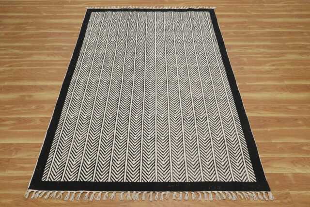 Black & Beige Cotton Dhurrie Rug - Block Printed Bohemian Area - image 1