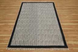 Black & Beige Cotton Dhurrie Rug - Block Printed Bohemian Area - thumbnail 1